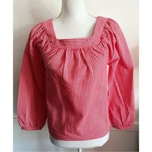 J. Crew • NWT Square Neck Red White Seersucker Stretch Blouse